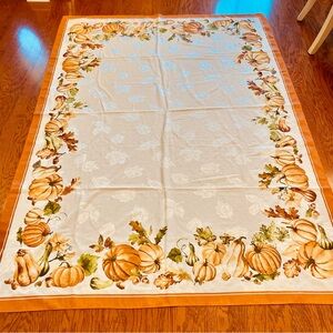 Harvest Tablecloth With Pumpkin Border 60” X 83” White Embossed Leaves Autumn